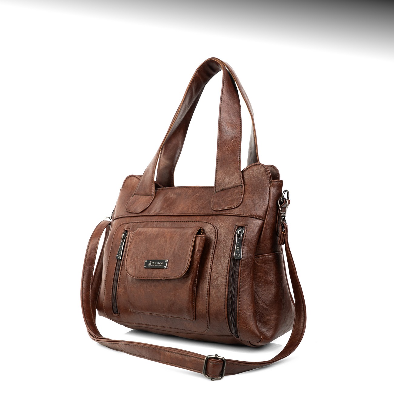 شنطة حريمي جلد إيطالي مستورد بني هاند وكروس بجيوب متعددة مقاس 25×30